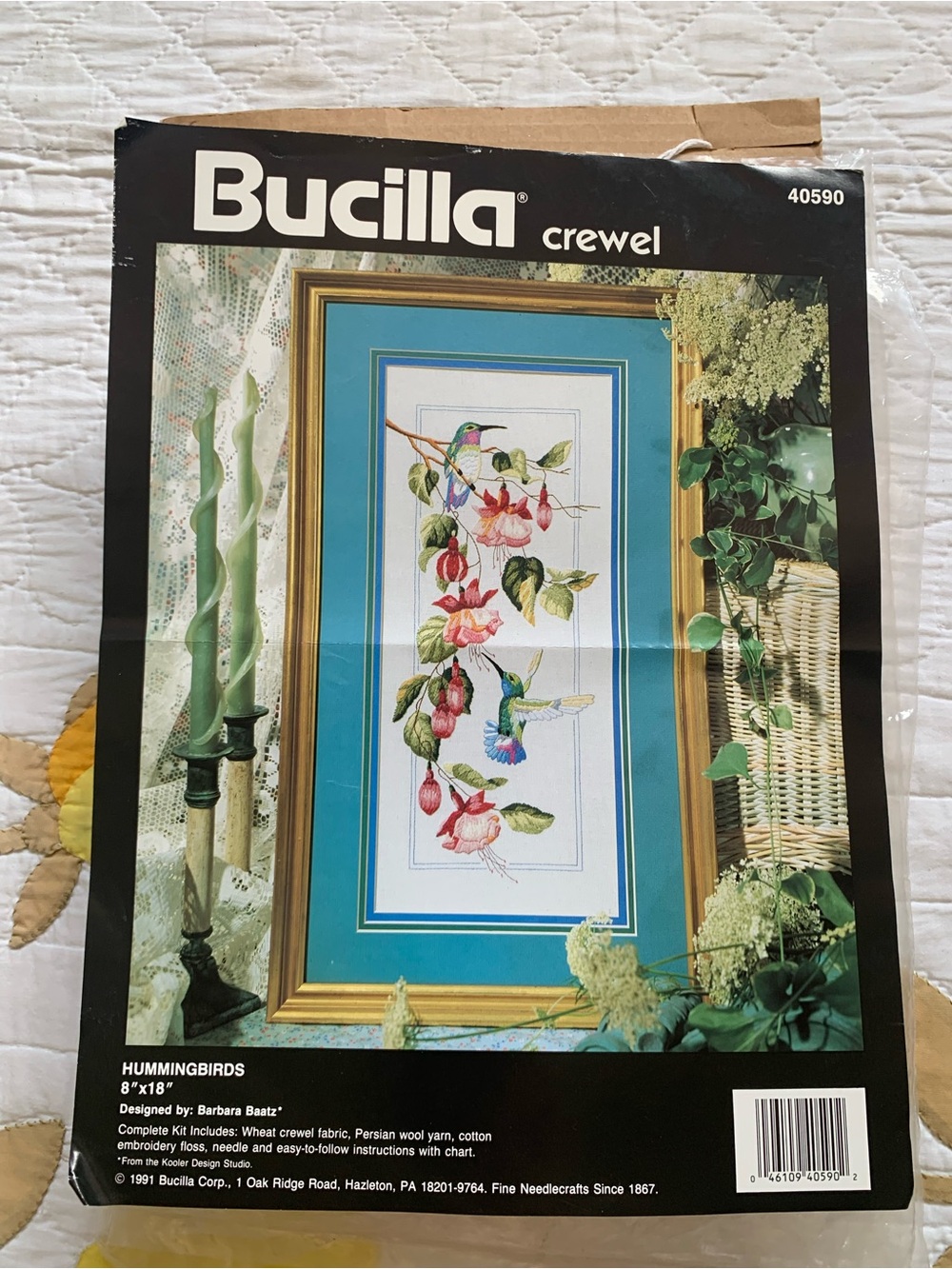 Vintage Bucilla 90s 1991 hummingbirds & fuchsia floral crewel pattern